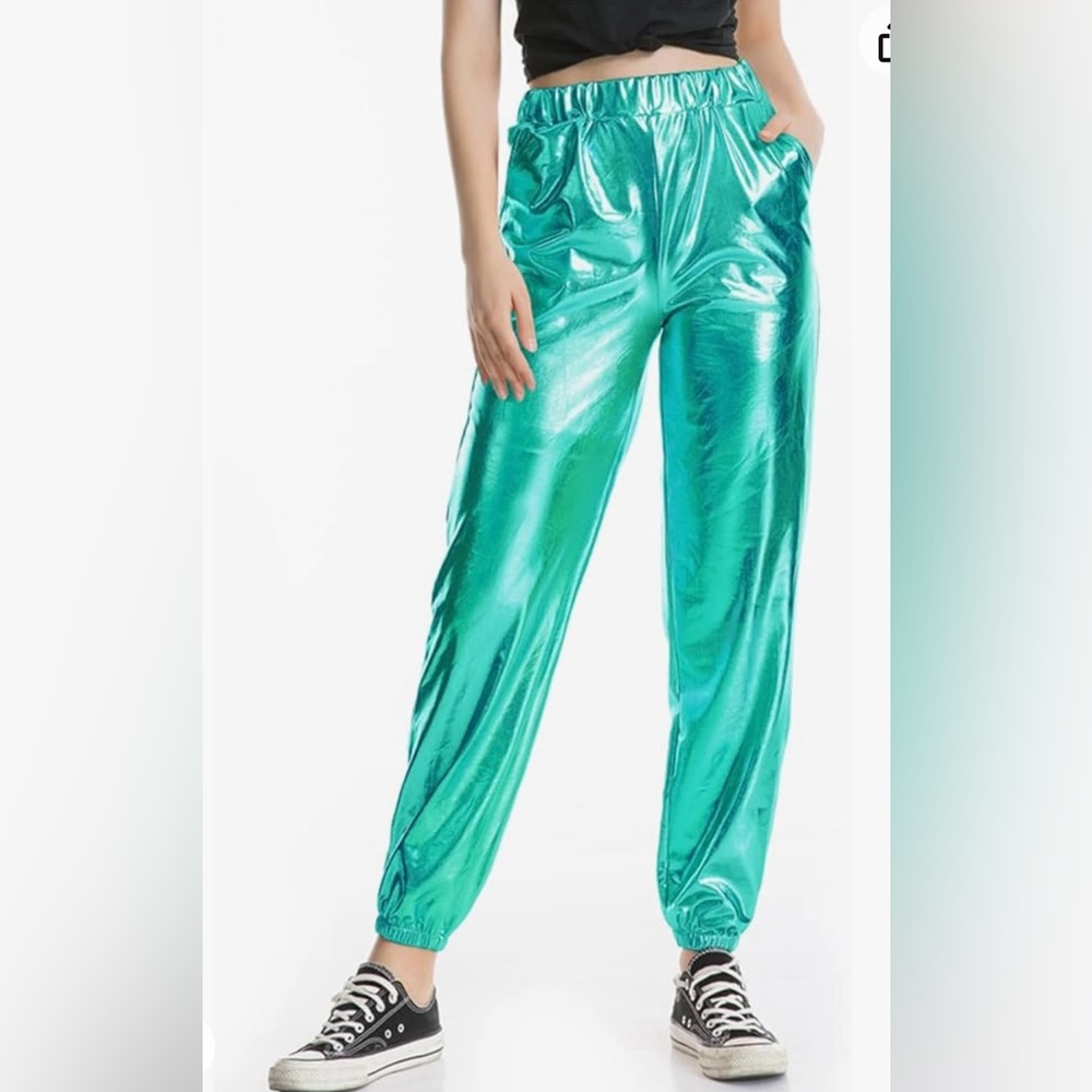 - Fenyong women’s shiny metallic pants halo graphic disco sweat pants jogger
